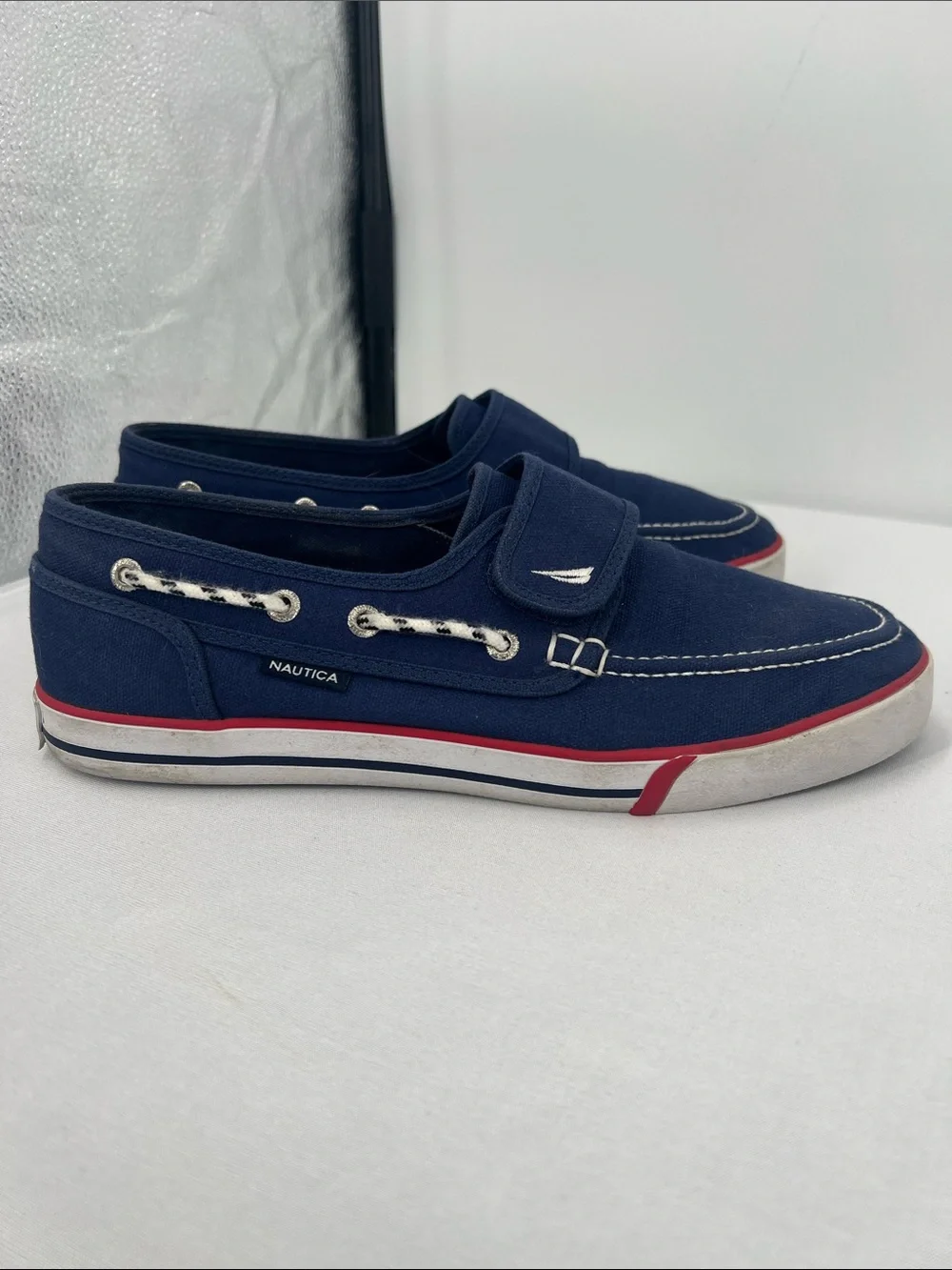Nautica Navy Canvas Slip-On Boat Shoes with Red Accent